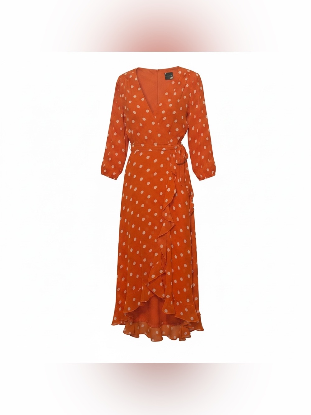 Maison Tara Womens Polka Dot Wrap Dress Orange Ruffle 3/4 Sleeve Belt Size 12